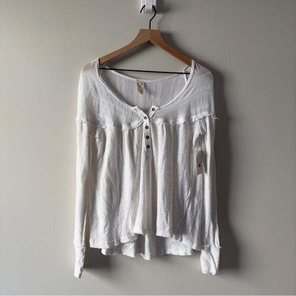 Free People We the Free White Women's Henley Top Long Sleeve linen/cotton blend - Picture 1 of 11